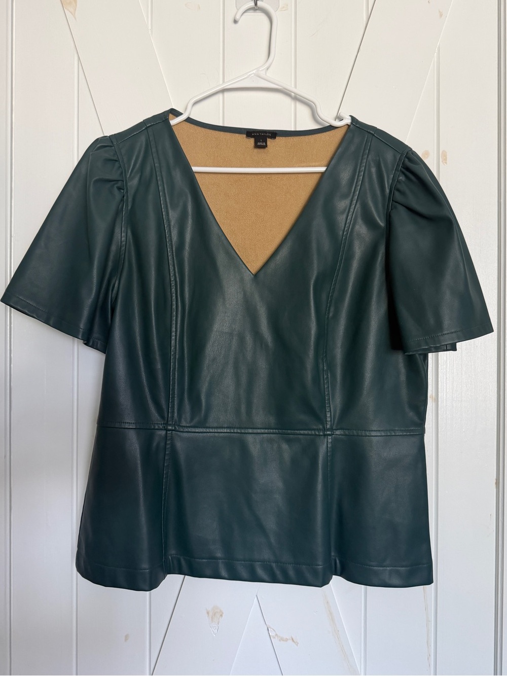 Ann Taylor Dark Green Faux-Leather V-Neck Short Sleeve Top